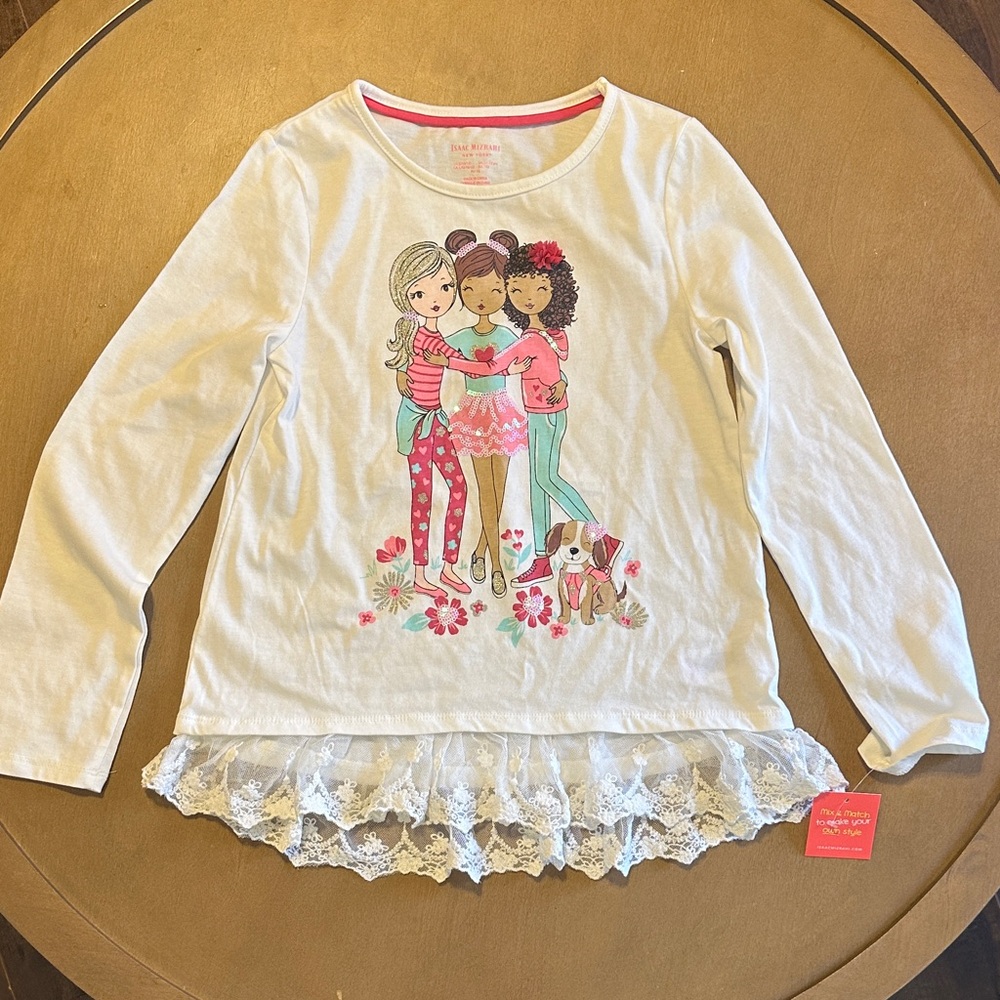 Isaac Mizrahi Cream Long-Sleeve Tee with Pink & Mint Friendship Graphic
